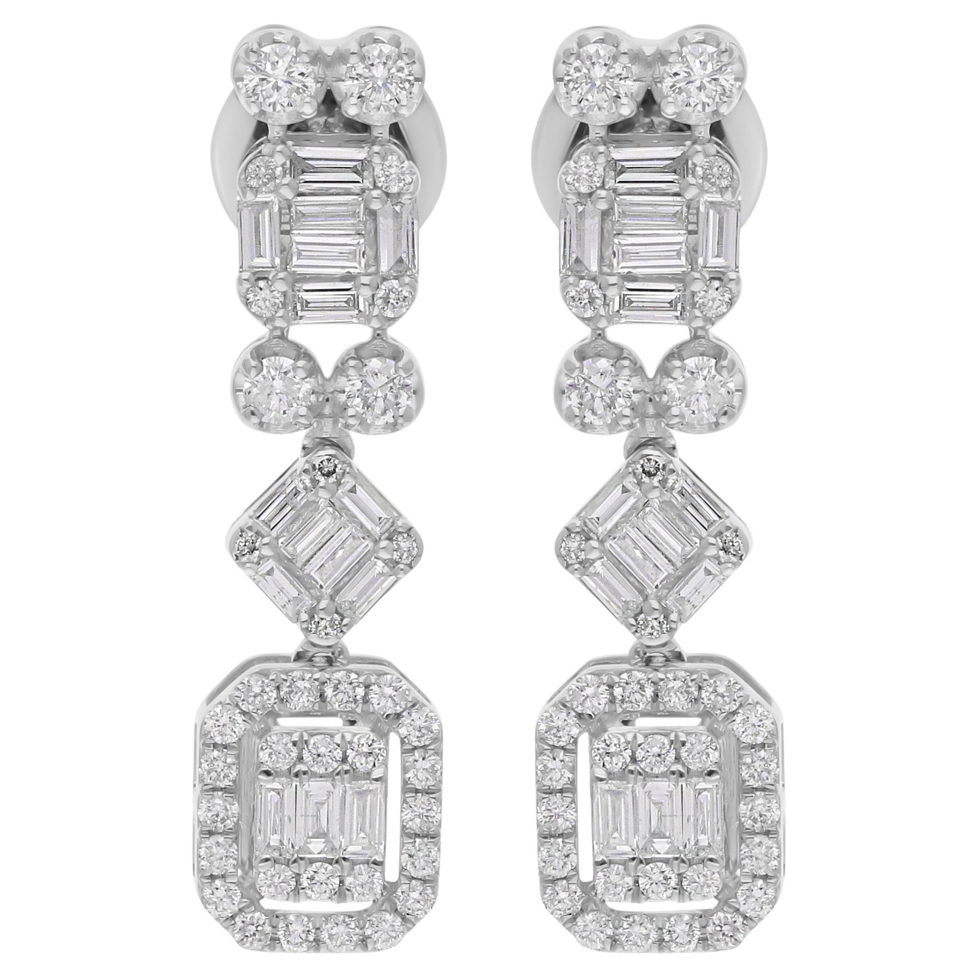 Real 1.32 Carat SI Clarity HI Color Diamond Dangle Earrings 18 Karat White Gold