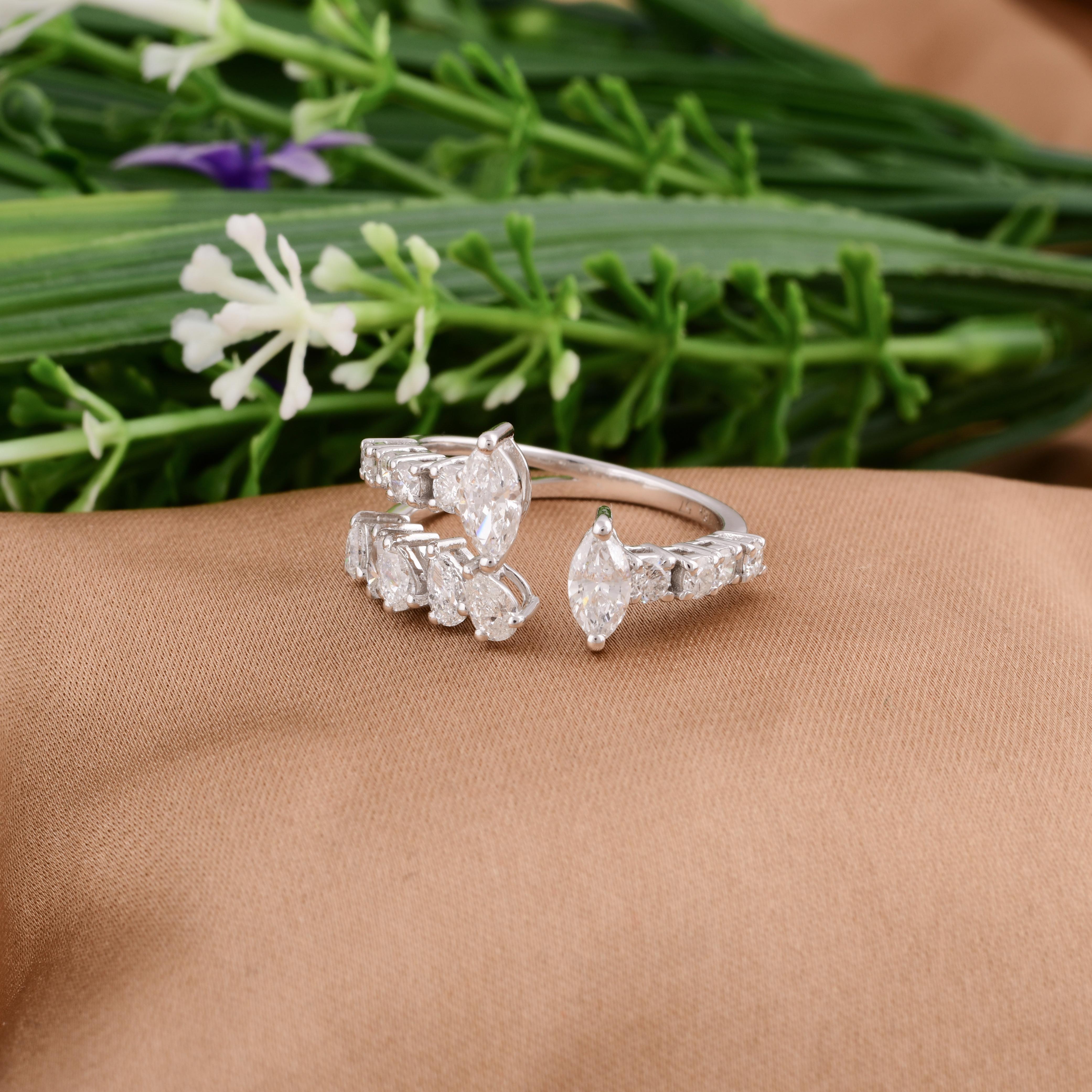 Taille poire Real 1.35 Carat SI/H Pear Marquise Diamond Cuff Ring 18 Karat White Gold Jewelry en vente
