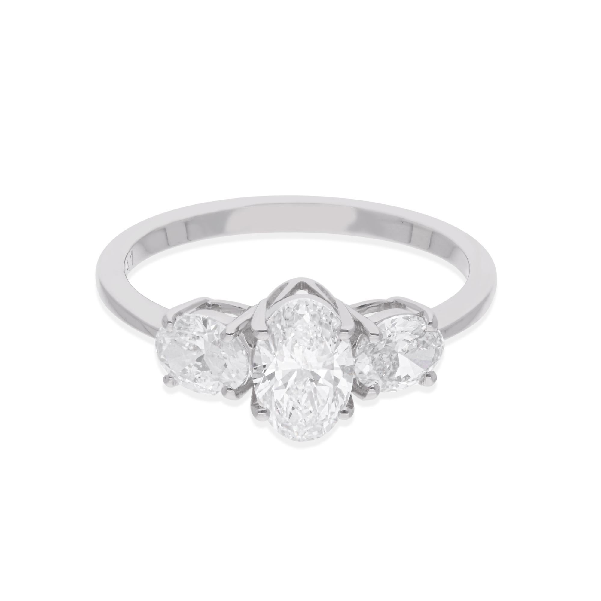 Anello nuziale con tre diamanti ovali da 1,35 carati reali, gioielli in oro bianco massiccio 18 carati in vendita