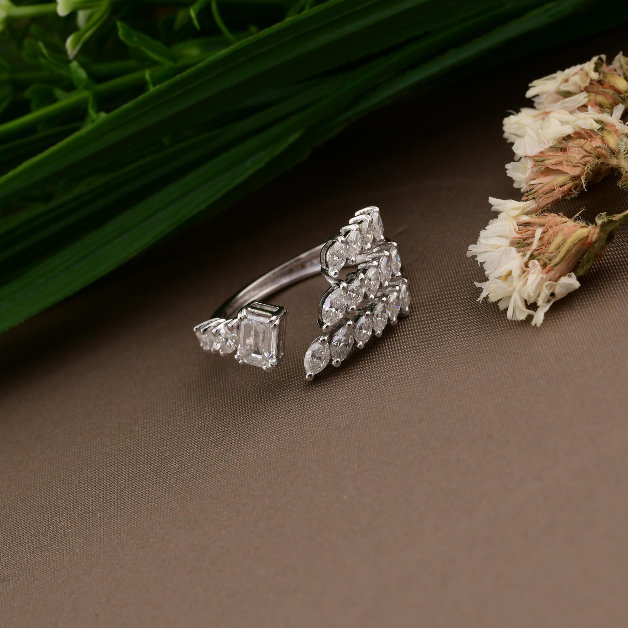 Real 1,38 Karat SI/H Marquise Smaragdschliff Diamant-Manschettenring 14 Karat Weißgold Damen im Angebot