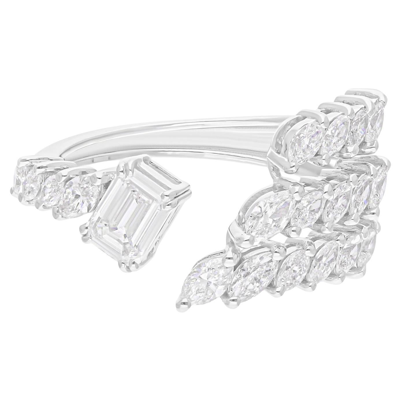 Real 1.38 Carat SI/H Marquise Emerald Cut Diamond Cuff Ring 14 Karat White Gold
