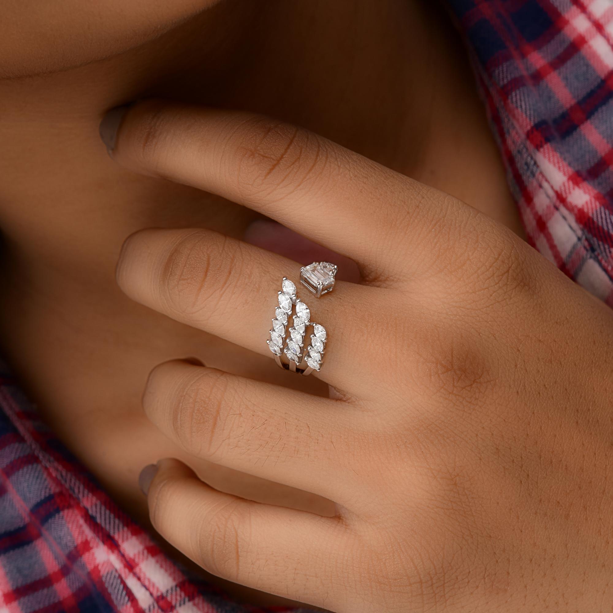 Real 1.38 Carat SI/H Marquise Emerald Cut Diamond Cuff Ring 18 Karat White Gold For Sale 2