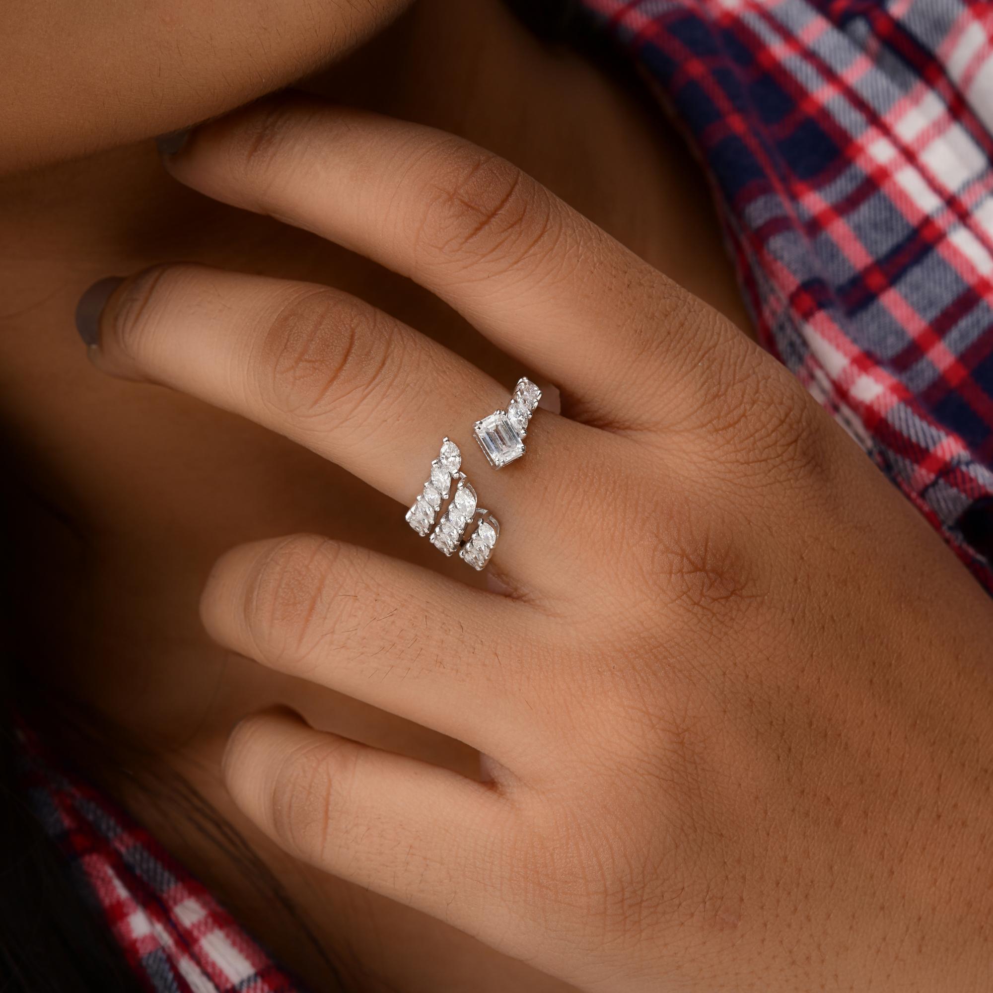 Real 1.38 Carat SI/H Marquise Emerald Cut Diamond Cuff Ring 18 Karat White Gold For Sale 3