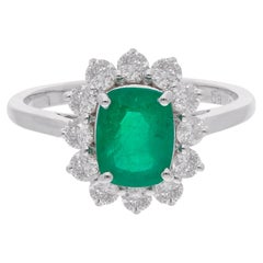 Real 1.40 Carat Emerald Cocktail Ring 0.75 Ct Round Diamond 18 Karat White Gold