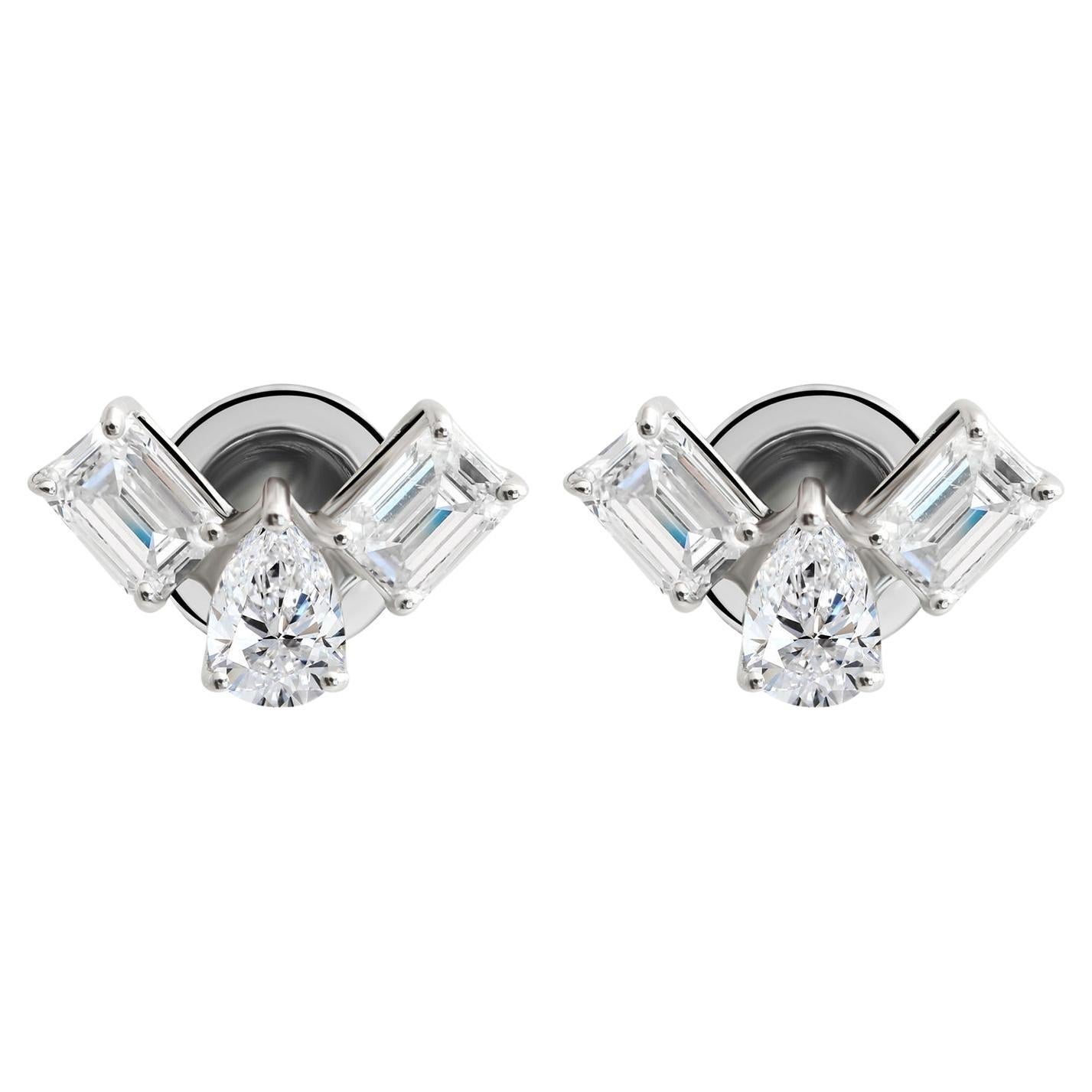 Real 1.40 Carat SI/H Pear Emerald Cut Diamond Stud Earrings 14 Karat White Gold