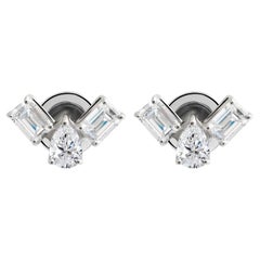 Real 1.40 Carat SI/H Pear Emerald Cut Diamond Stud Earrings 14 Karat White Gold