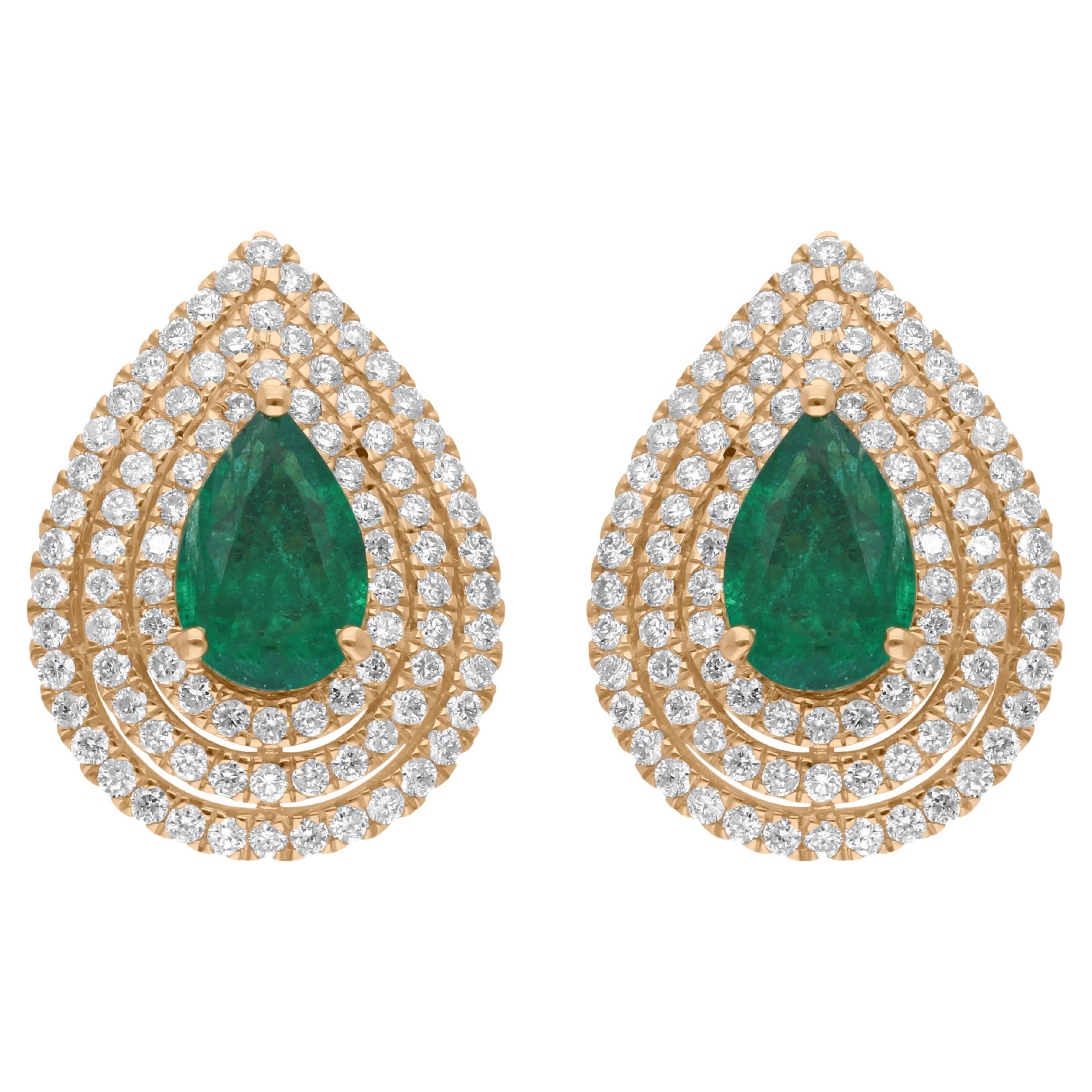 Boucles d'oreilles en or jaune 18 carats avec émeraude de 1,42 carat et diamants de 0,90 carat