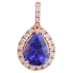 Real 1.45 Carat Pear Tanzanite Charm Pendant 0.20 Ct Diamond Pave 18k White Gold
