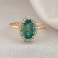 1.48 Ct Oval Emerald 0.21 Ct Halo Diamond Anniversary Ring Solid 18K White Gold