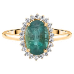 1.48 Ct Oval Emerald 0.21 Ct Halo Diamond Anniversary Ring Solid 18K White Gold