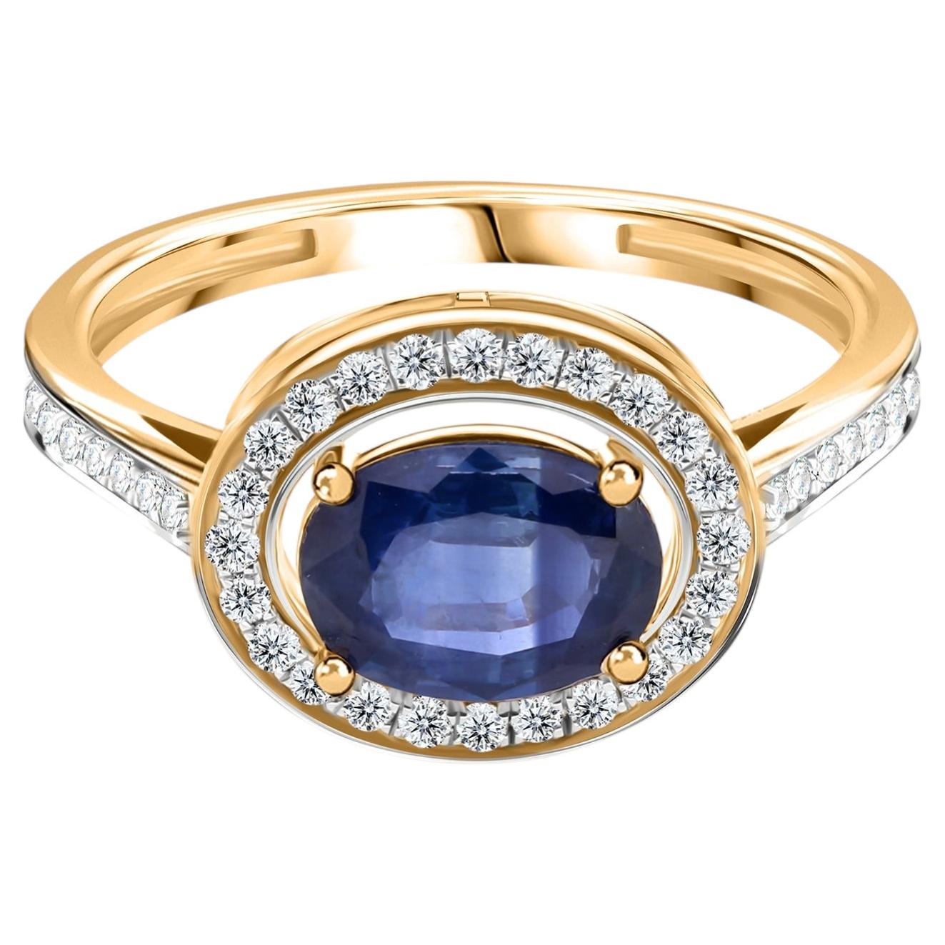 Real 1.49 Carat Blue Sapphire 0.28 Carat SI/H Diamond Ring 14 Karat Yellow Gold