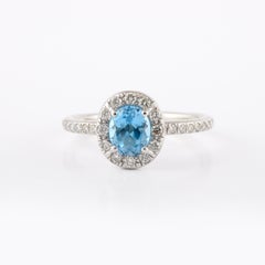 Real 14kt Solid White Gold Halo Diamond And Oval Cut Blue Topaz Ring For Her