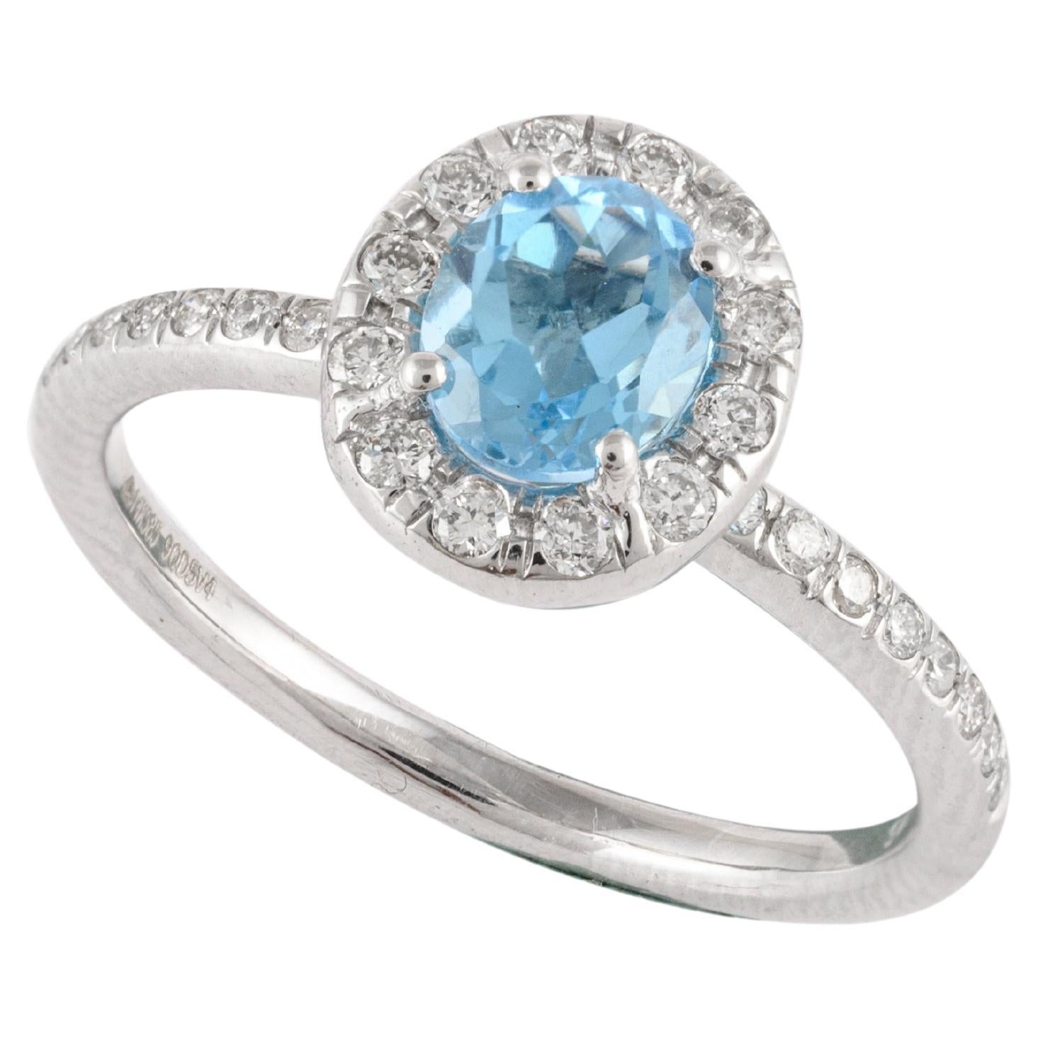 Real 14kt Solid White Gold Halo Diamond And Oval Cut Blue Topaz Ring For Her