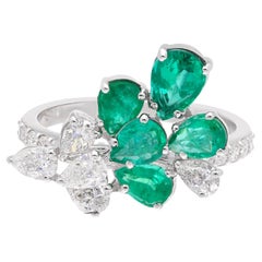 Real 1.50 Carat Pear Natural Emerald Ring 0.95 Carat Pear Diamond 18k White Gold