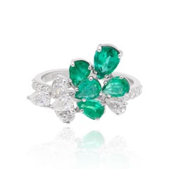 Real 1.50 Carat Pear Natural Emerald Ring 0.95 Carat Pear Diamond 18k White Gold