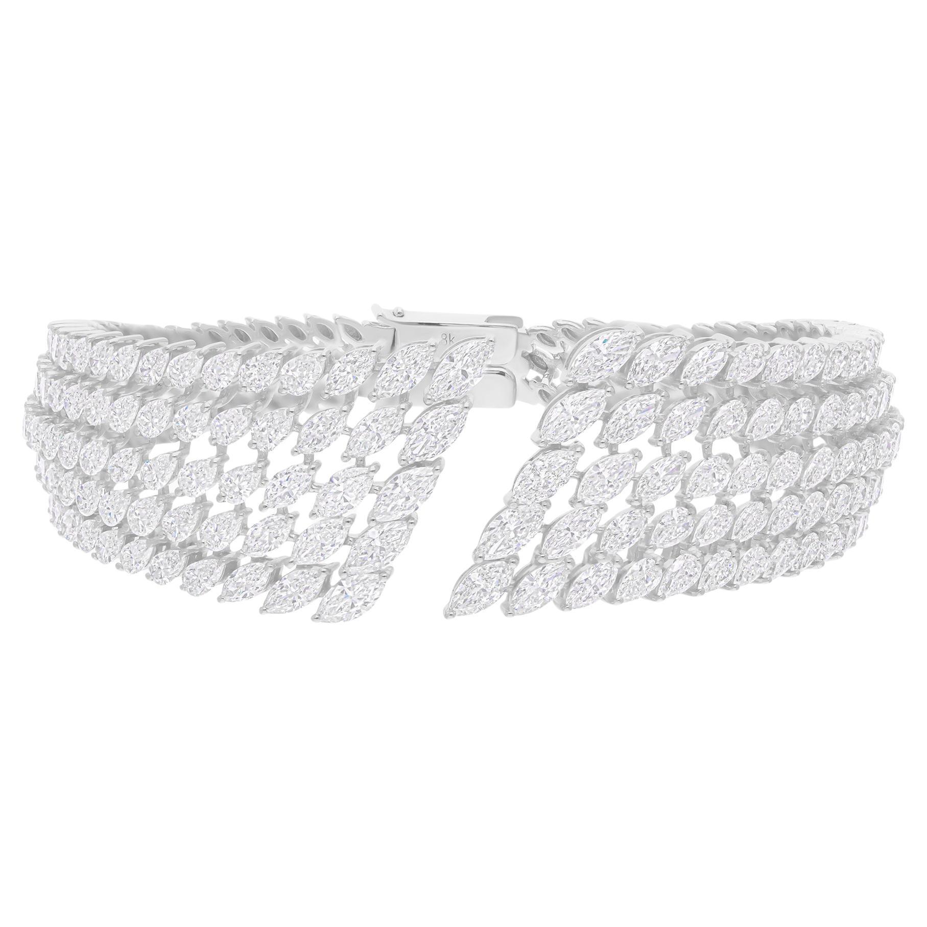 Real 15.13 Carat SI/H Marquise Diamond Cuff Bangle Bracelet 18 Karat White Gold