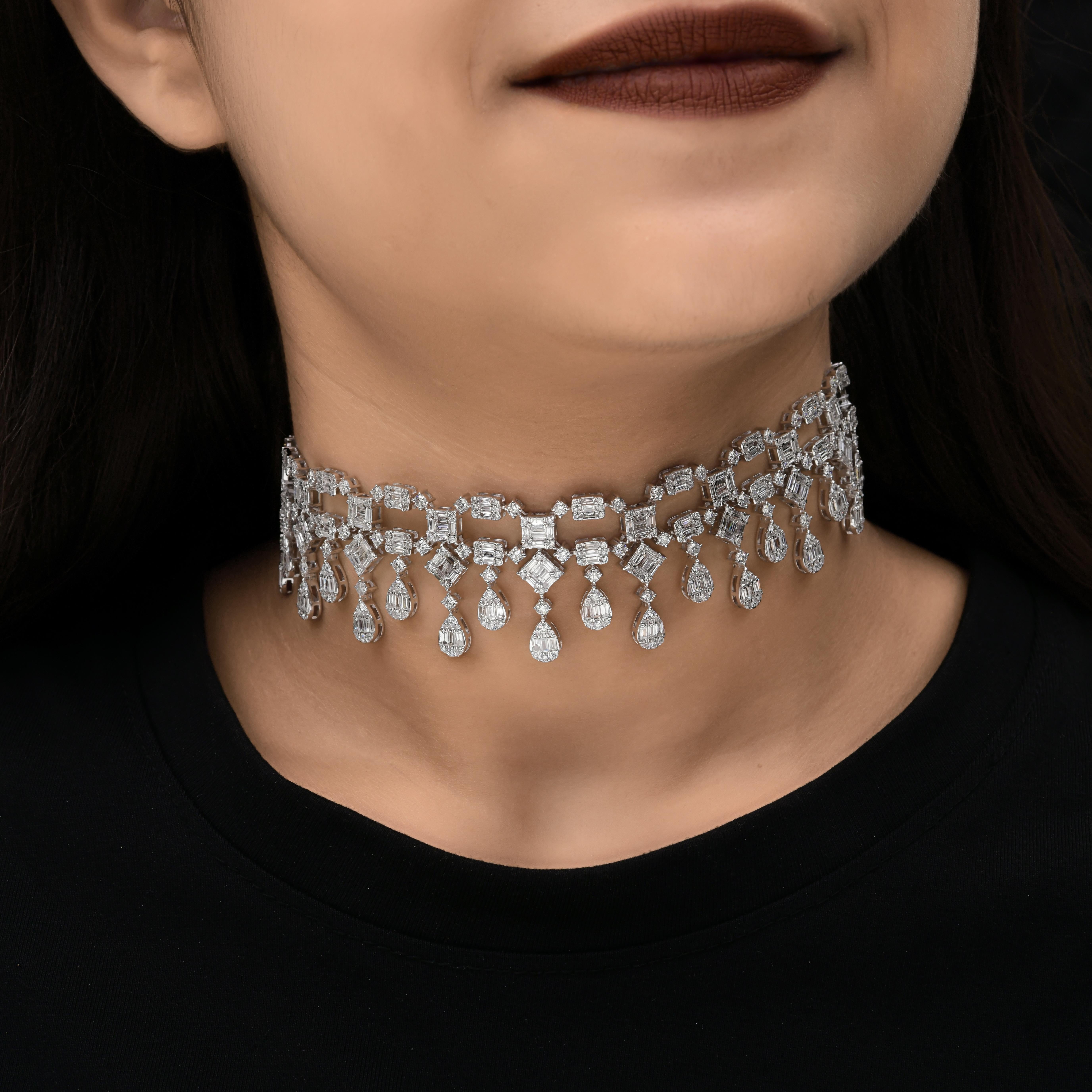 Modern Real 15.45 Carat SI/H Baguette Round Diamond Choker Necklace 18 Karat White Gold For Sale