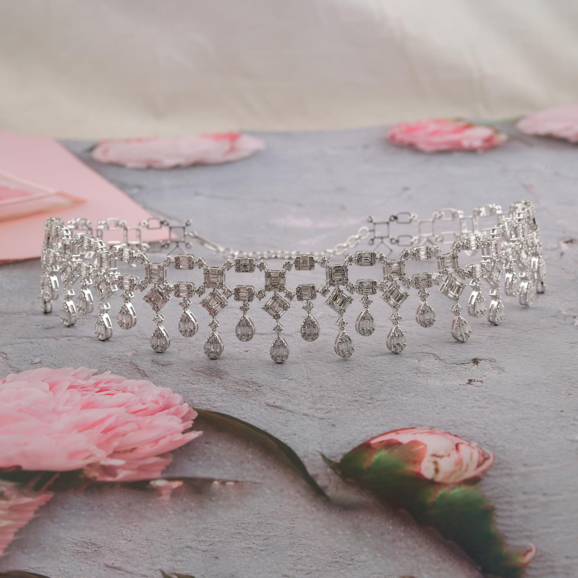 Baguette Cut Real 15.45 Carat SI/H Baguette Round Diamond Choker Necklace 18 Karat White Gold For Sale