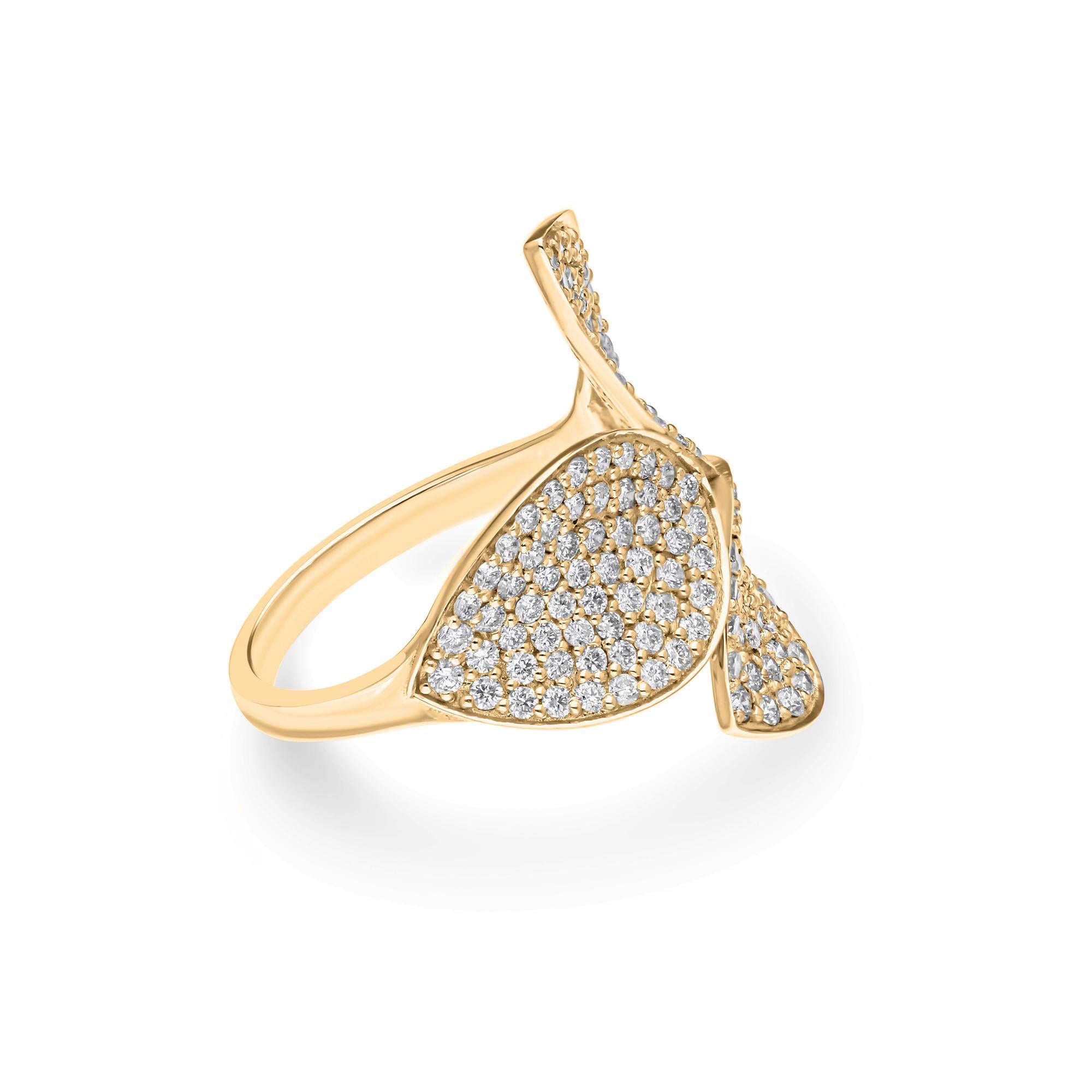 Modern Real 1.55 Carat SI/H Round Brilliant Cut Diamond Leaf Ring 18 Karat Yellow Gold For Sale