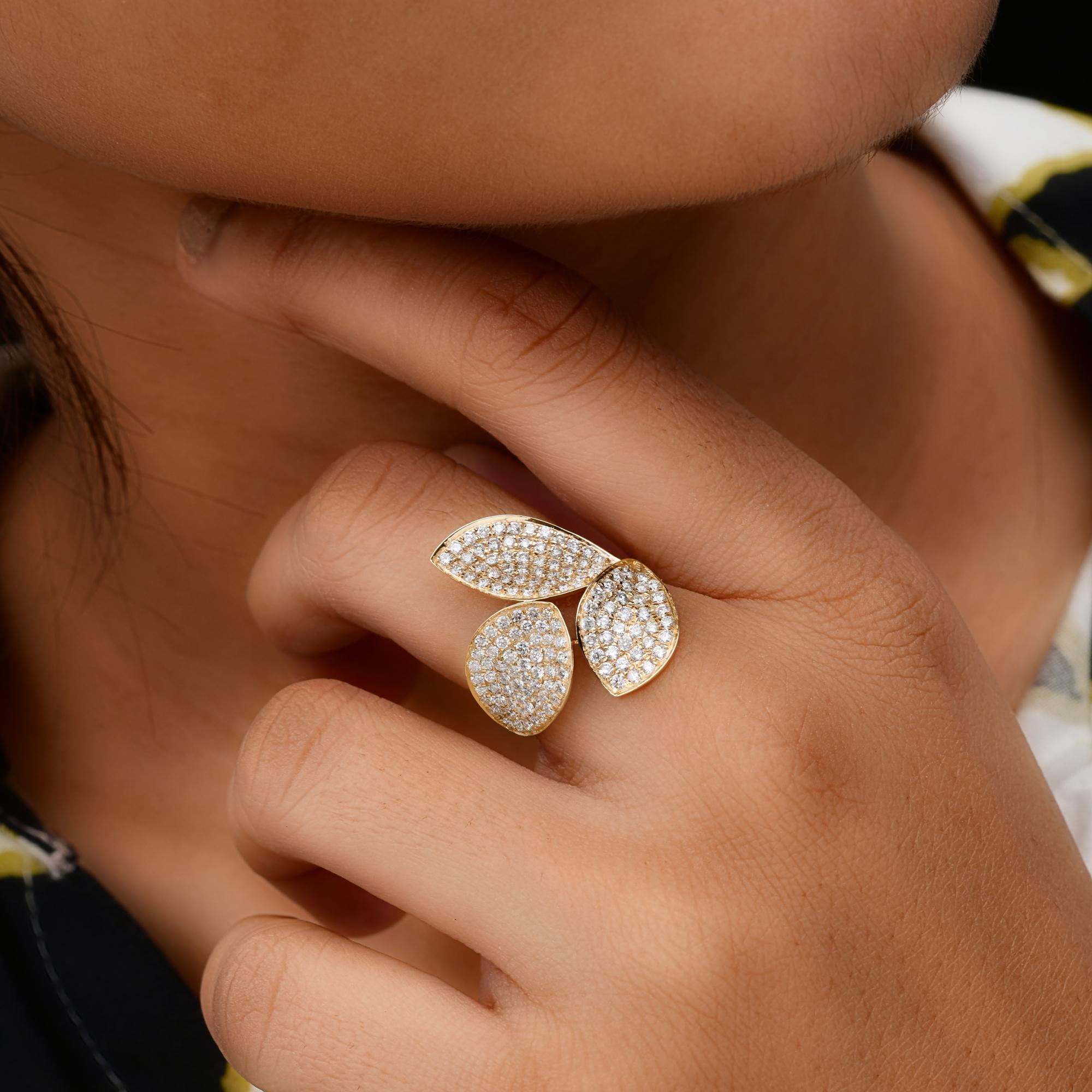Round Cut Real 1.55 Carat SI/H Round Brilliant Cut Diamond Leaf Ring 18 Karat Yellow Gold For Sale