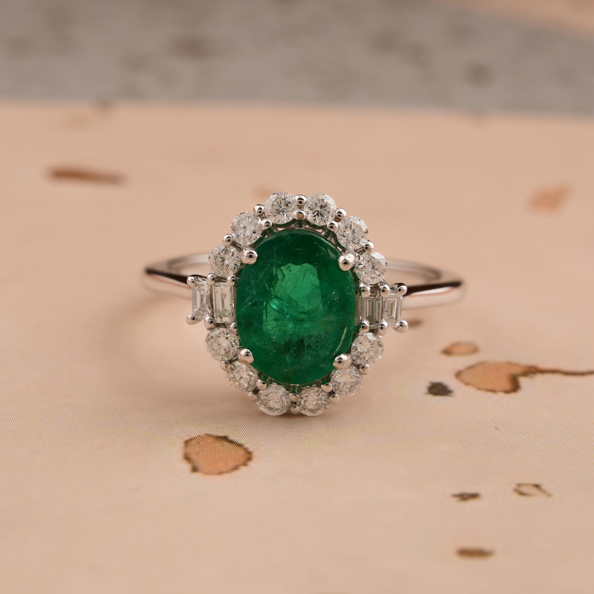 Oval Cut Real 1.56 Carat Zambian Emerald Ring 0.47 Ct SI/H Round Diamond 18k White Gold For Sale