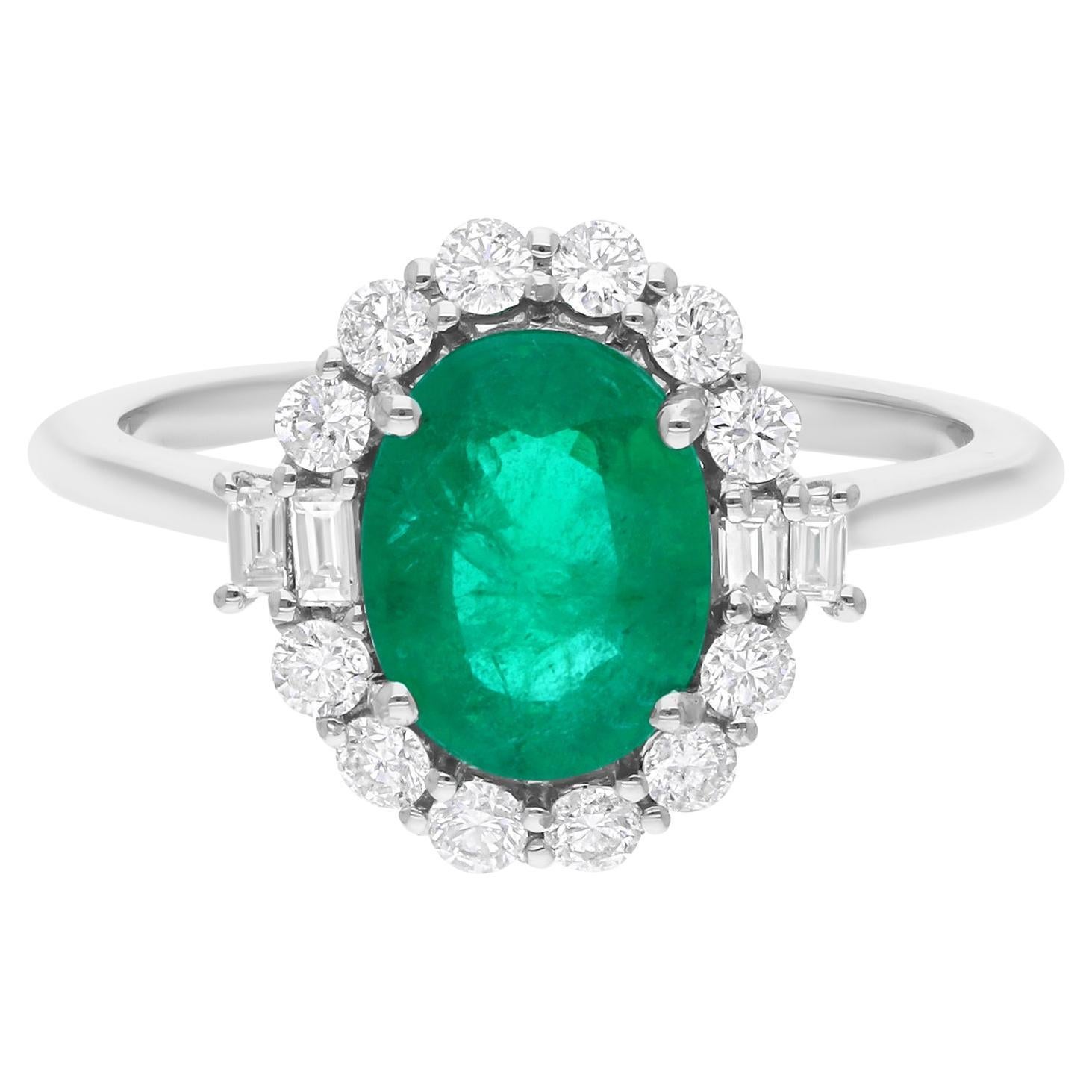 Real 1.56 Carat Zambian Emerald Ring 0.47 Ct SI/H Round Diamond 18k White Gold For Sale