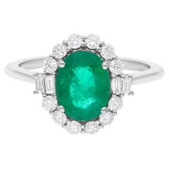 Real 1.56 Carat Zambian Emerald Ring 0.47 Ct SI/H Round Diamond 18k White Gold