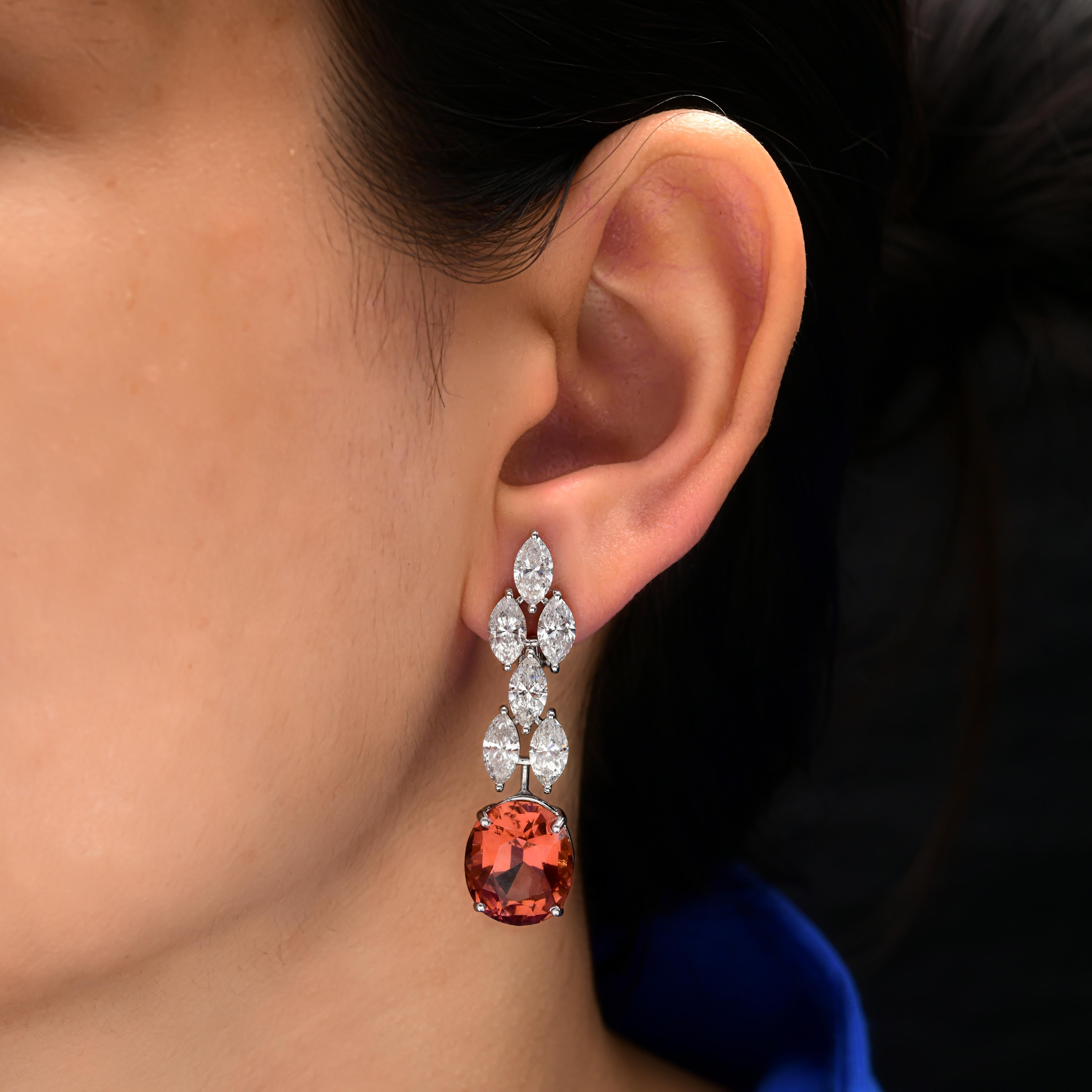 Real 15.67cts Tourmaline 6.12cts SI/H Diamond Dangle Earrings 14k White Gold For Sale 2