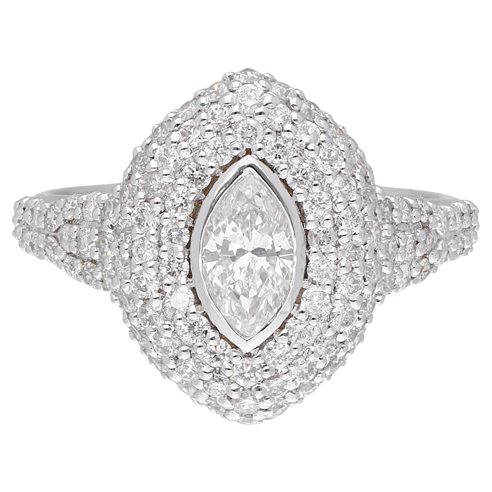 Bague dôme en or blanc 18 carats avec diamant marquise de 1,61 carat véritable