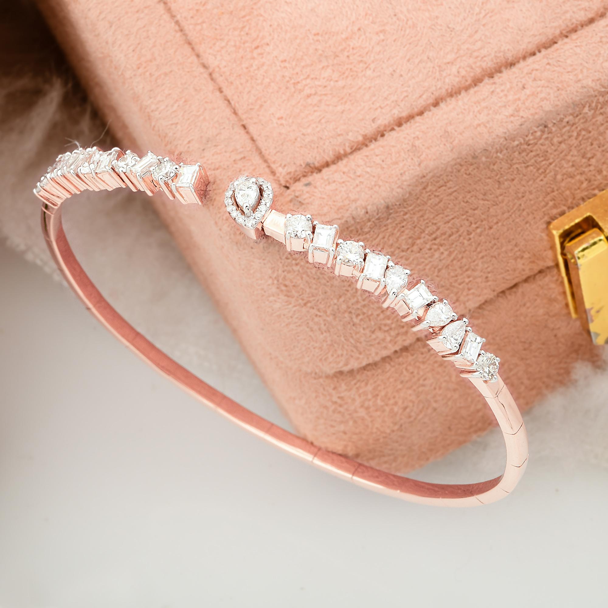 Modern Real 1.62 Carat Diamond Cuff Bangle Bracelet 14 Karat Rose Gold Handmade Jewelry For Sale