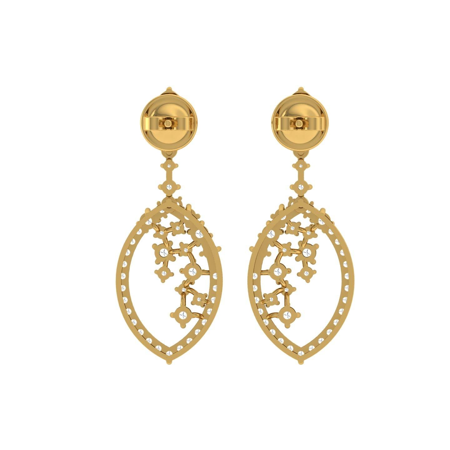 Round Cut Real 1.62 Carat SI Clarity HI Color Diamond Dangle Earrings 14 Karat Yellow Gold For Sale