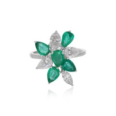 Esmeralda zambiana real de 1,66 quilates Anillo de cóctel Diamante de 1,12 quilates Oro blanco de 18 quilates