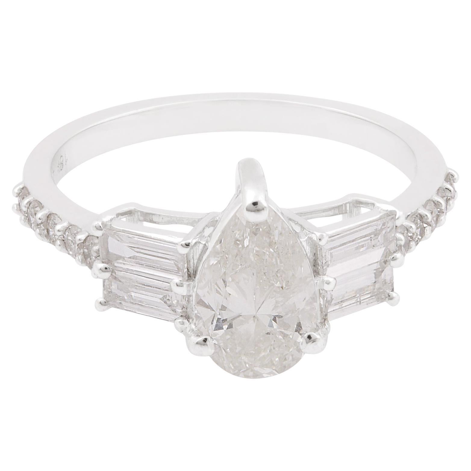 Real 1.68 Carat Pear Baguette Diamond Ring 18 Karat White Gold Handmade Jewelry