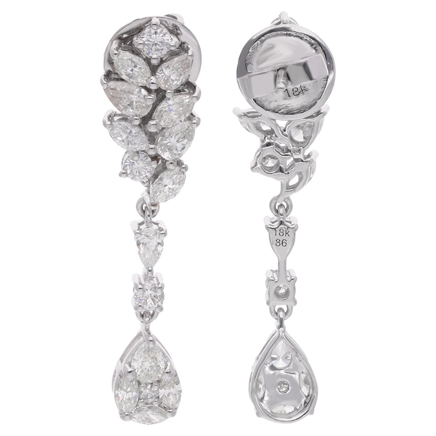Real 1.7 Carat Pear Marquise & Round Diamond Dangle Earrings 14 Karat White Gold