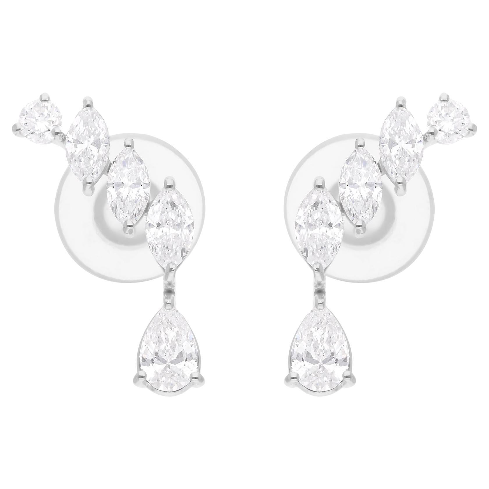 Boucles d'oreilles en or blanc 14 carats avec diamants véritables taille poire marquise de 1,71 carat SI/H