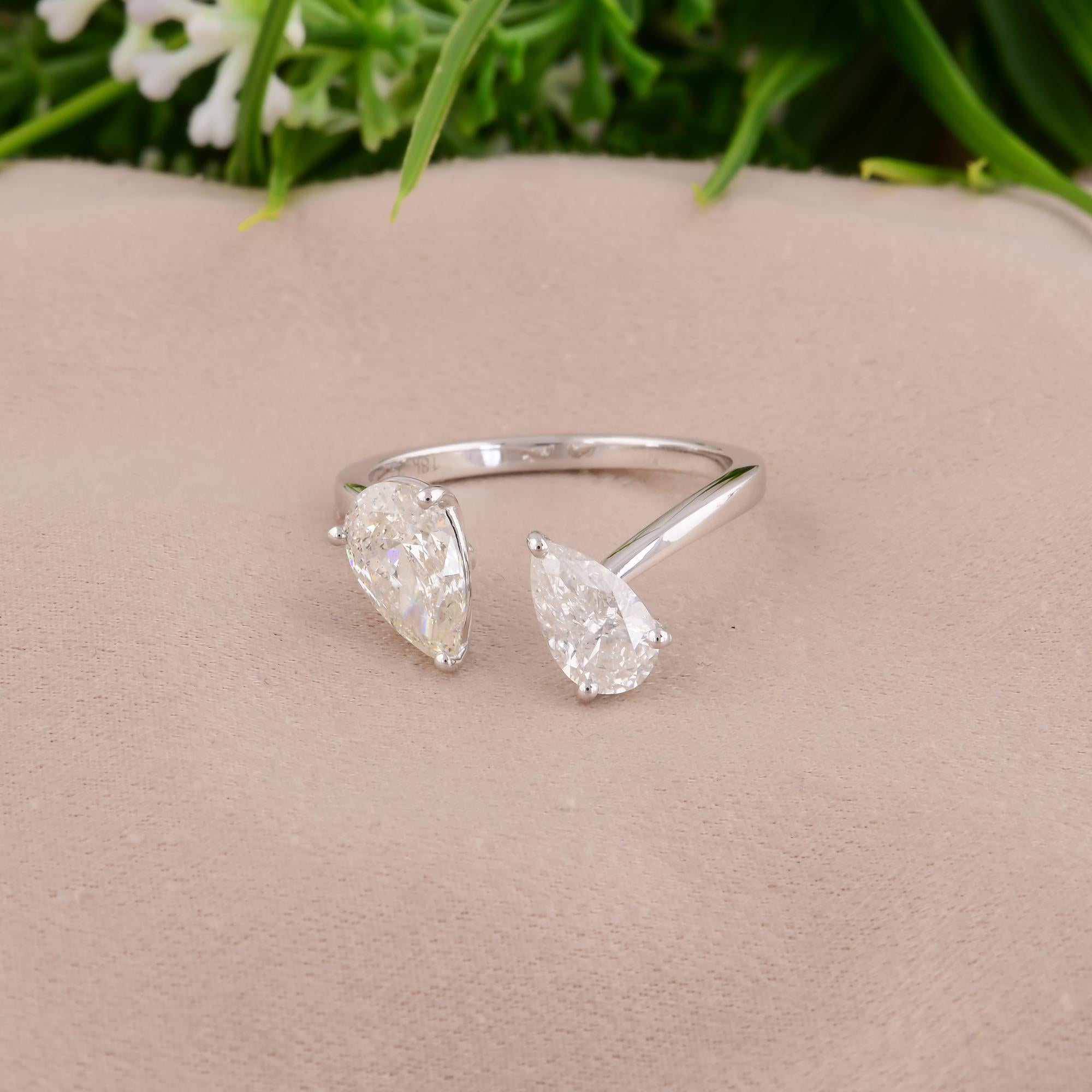 Modern Real 1.73 Carat SI Clarity HI Color Pear Diamond Cuff Ring 18 Karat White Gold For Sale