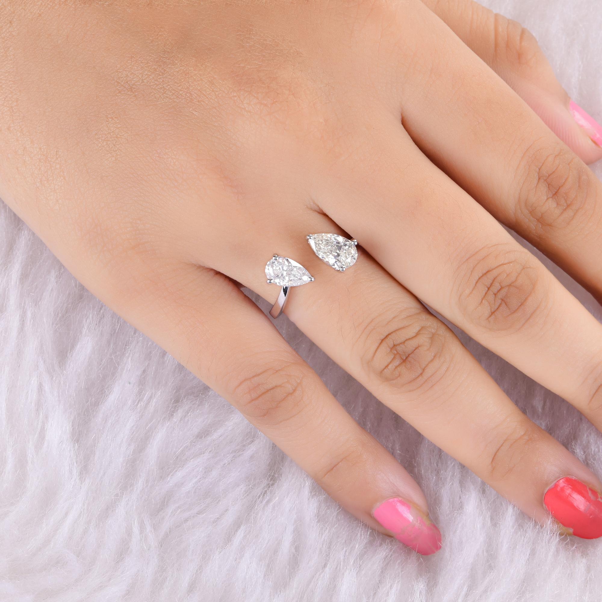 Pear Cut Real 1.73 Carat SI Clarity HI Color Pear Diamond Cuff Ring 18 Karat White Gold For Sale