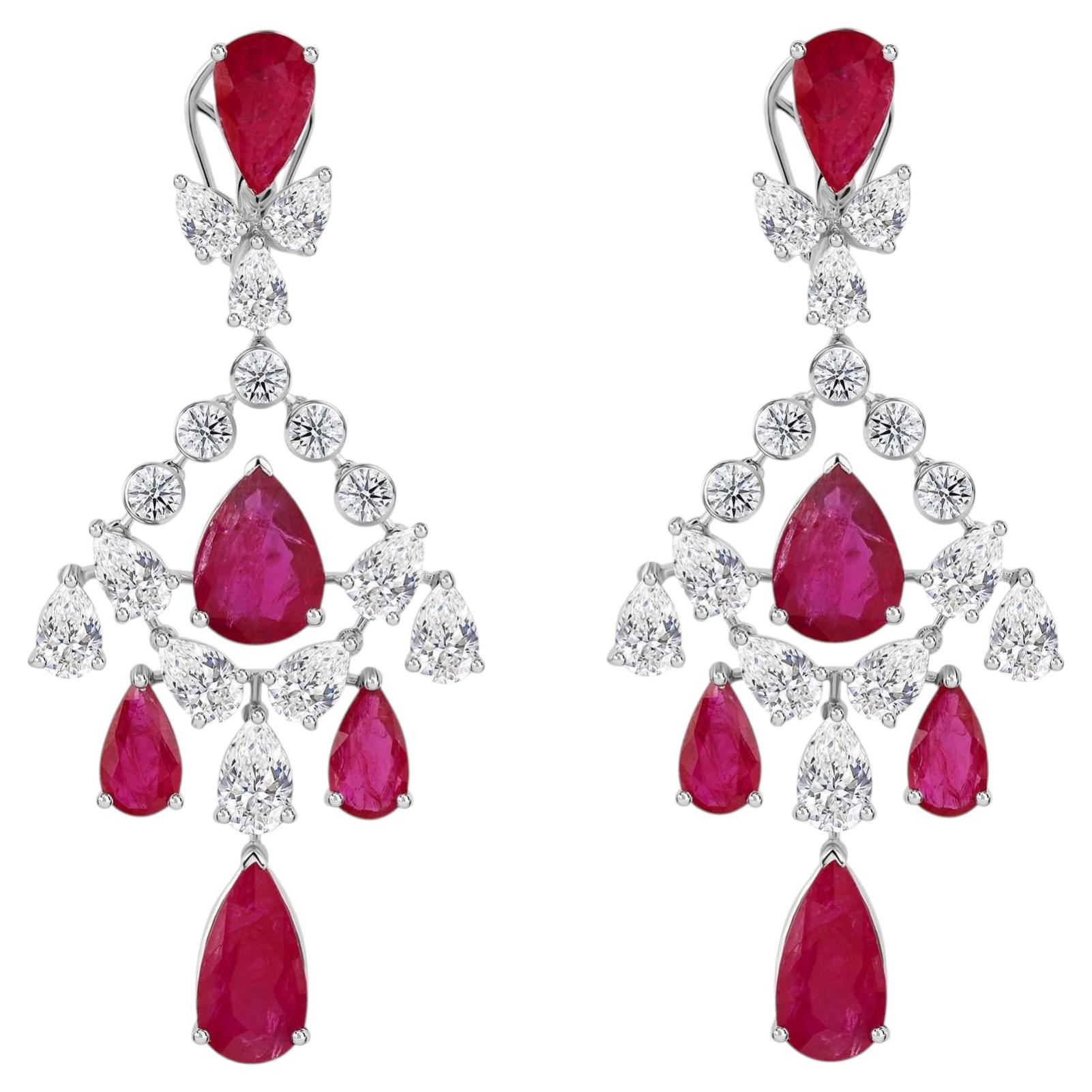 Real 17.58 Carat Ruby 8.7 Carat SI/H Diamond Dangle Earrings 18 Karat White Gold