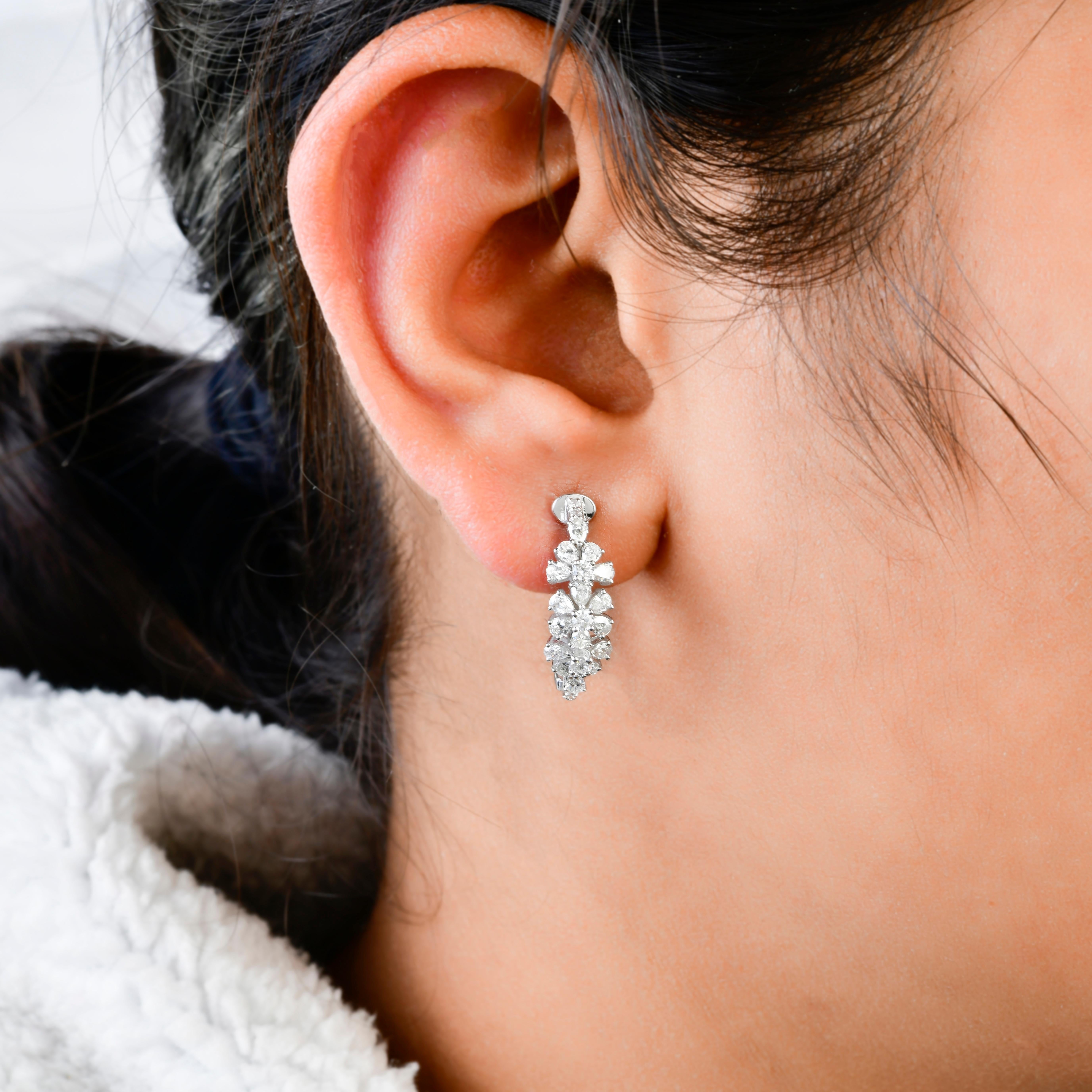 Modern Real 1.77 Carat Round & Pear Diamond Hoop Earrings 18 Karat White Gold Jewelry For Sale