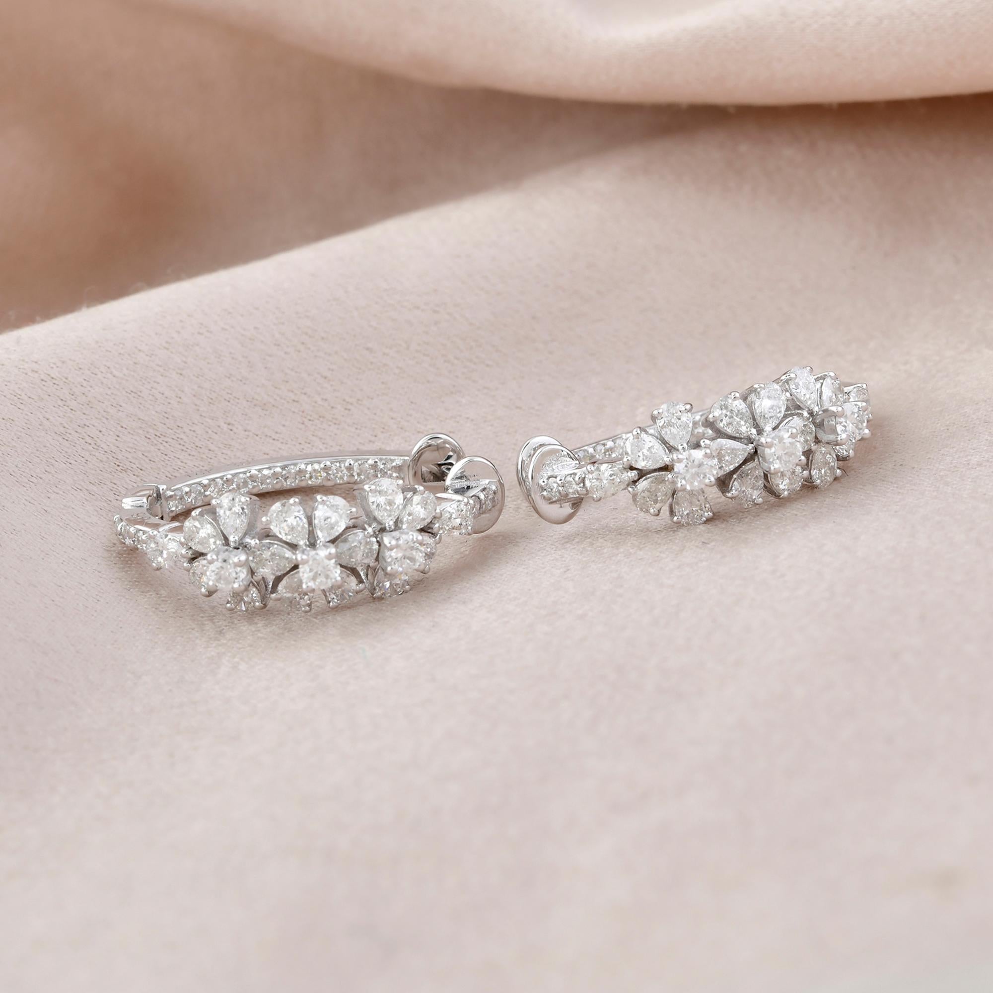 Pear Cut Real 1.77 Carat Round & Pear Diamond Hoop Earrings 18 Karat White Gold Jewelry For Sale