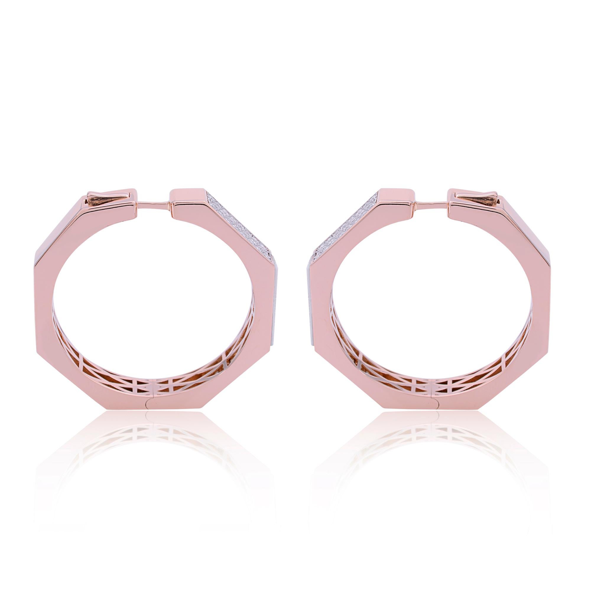 Modern Real 1.80 Carat Diamond Pave Hoop Earrings 18 Karat Rose Gold Handmade Jewelry For Sale