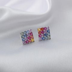 Real 1.80 Carat Multi Sapphire Square Stud Earrings 18 Karat White Gold Jewelry