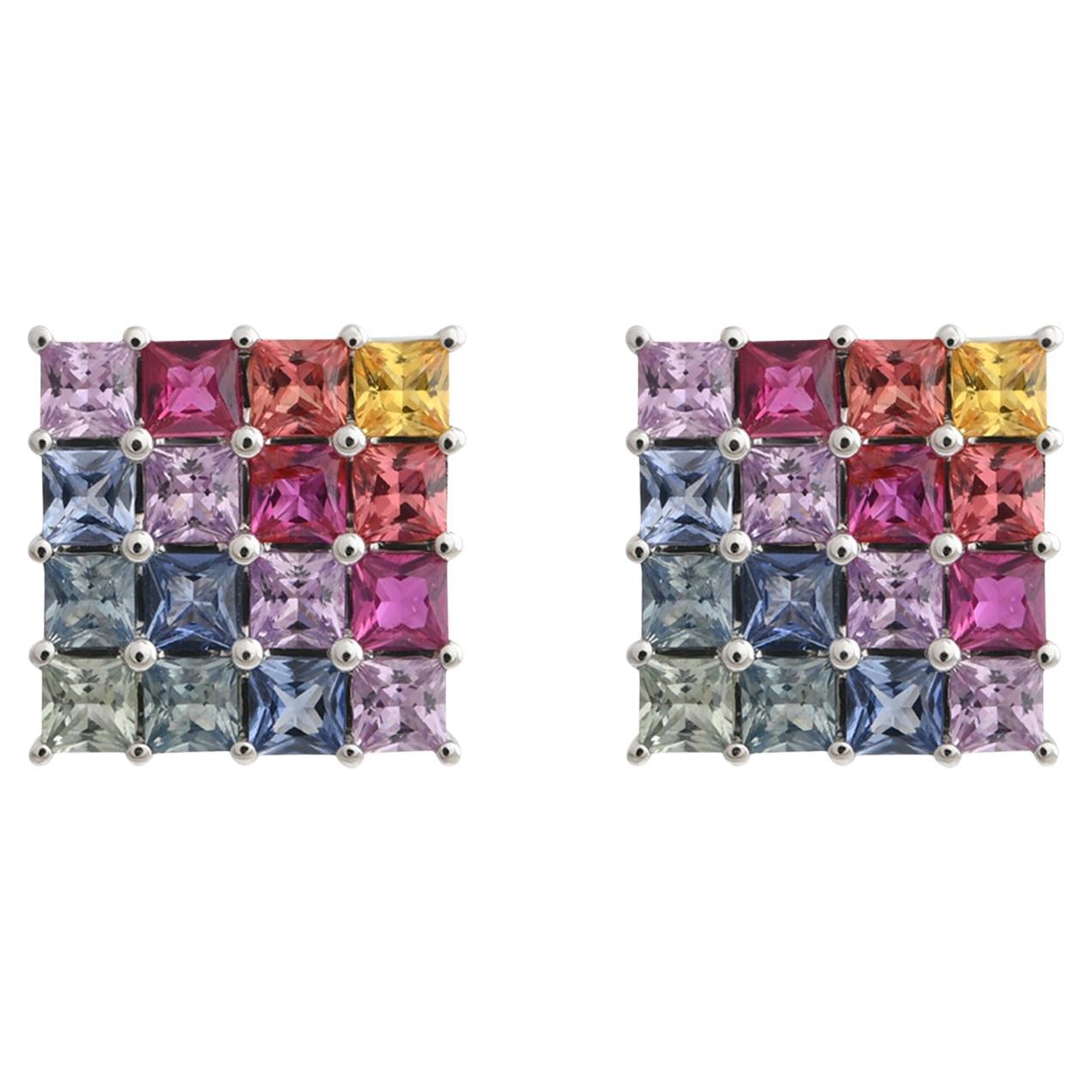 Echte 1,80 Karat Multi Saphir Quadratische Ohrstecker 18 Karat Weißgold Schmuck im Angebot