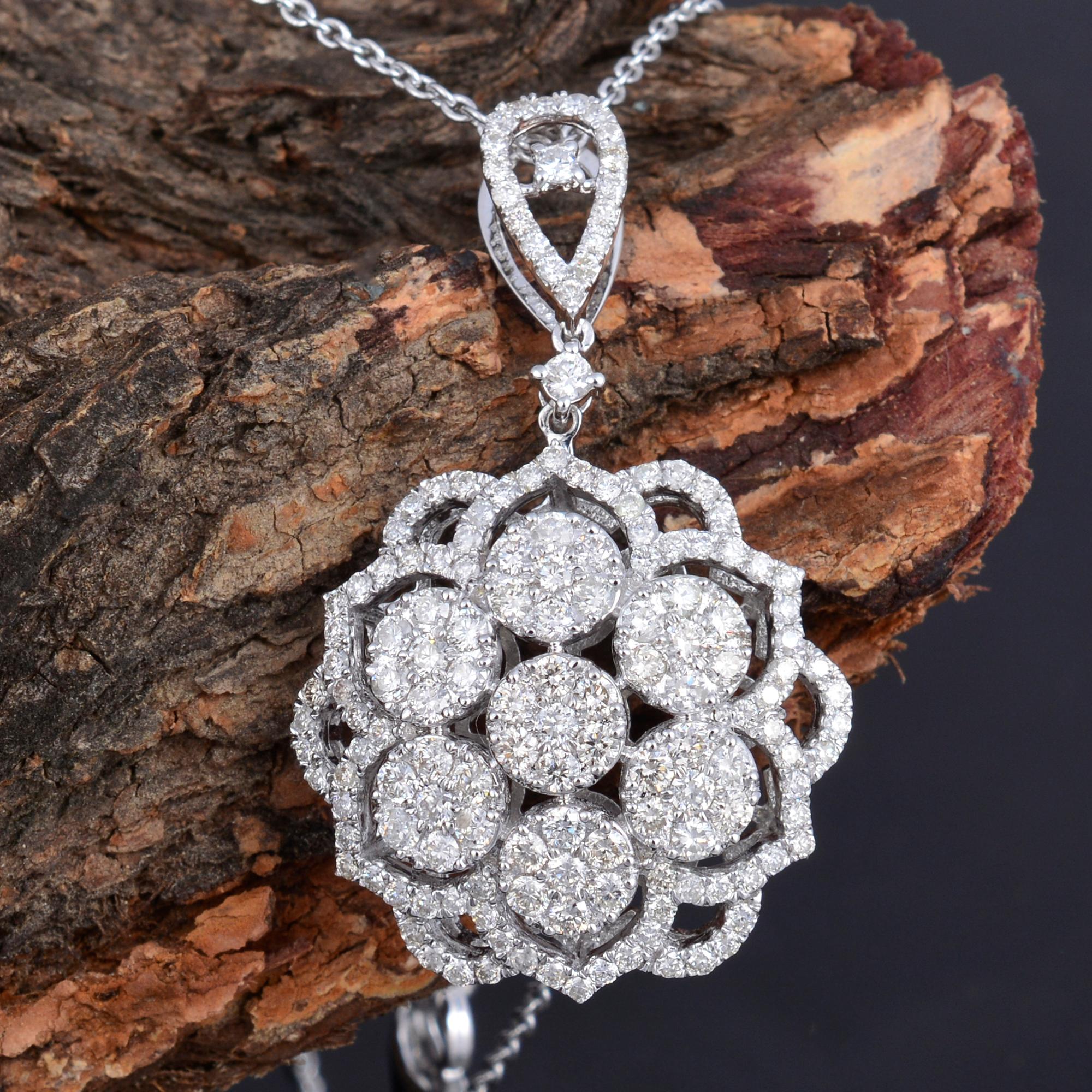 A real 1.80-carat pave diamond floral design pendant necklace, meticulously crafted in 18-karat white gold. The pendant delicately hangs from an 18-karat white gold chain.

Item Code :- CNF-22029
Gross Wt. :- 4.79 gm
18k Solid White Gold Wt. :- 4.43