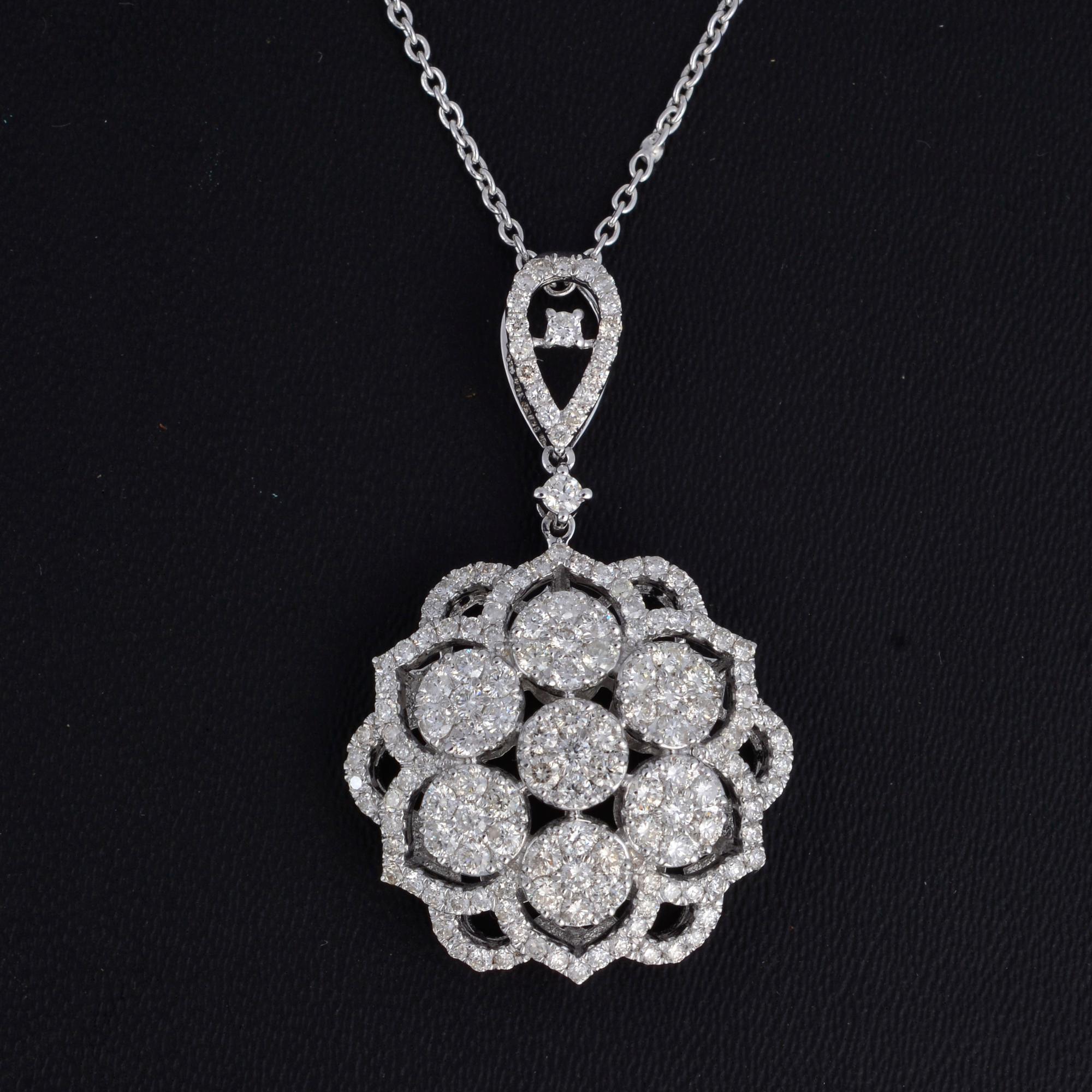 Modern Real 1.80 Carat Pave Diamond Floral Design Pendant Necklace 18 Karat White Gold For Sale