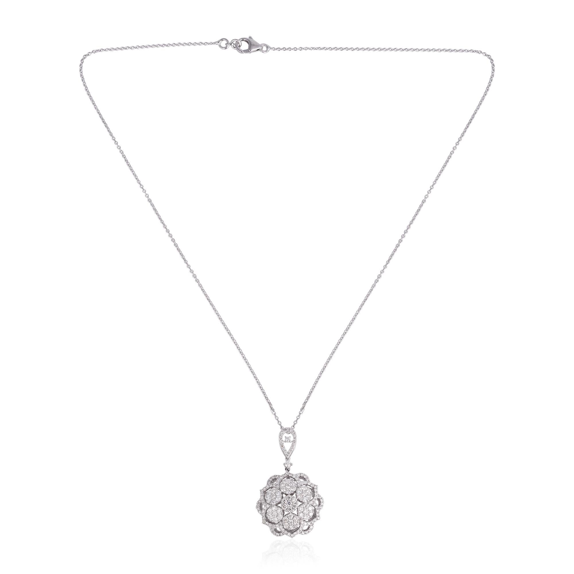 Round Cut Real 1.80 Carat Pave Diamond Floral Design Pendant Necklace 18 Karat White Gold For Sale
