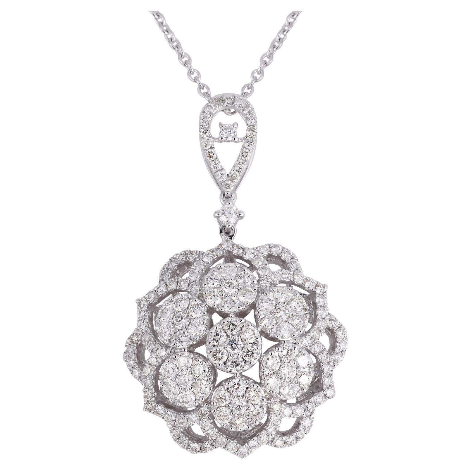 Real 1.80 Carat Pave Diamond Floral Design Pendant Necklace 18 Karat White Gold