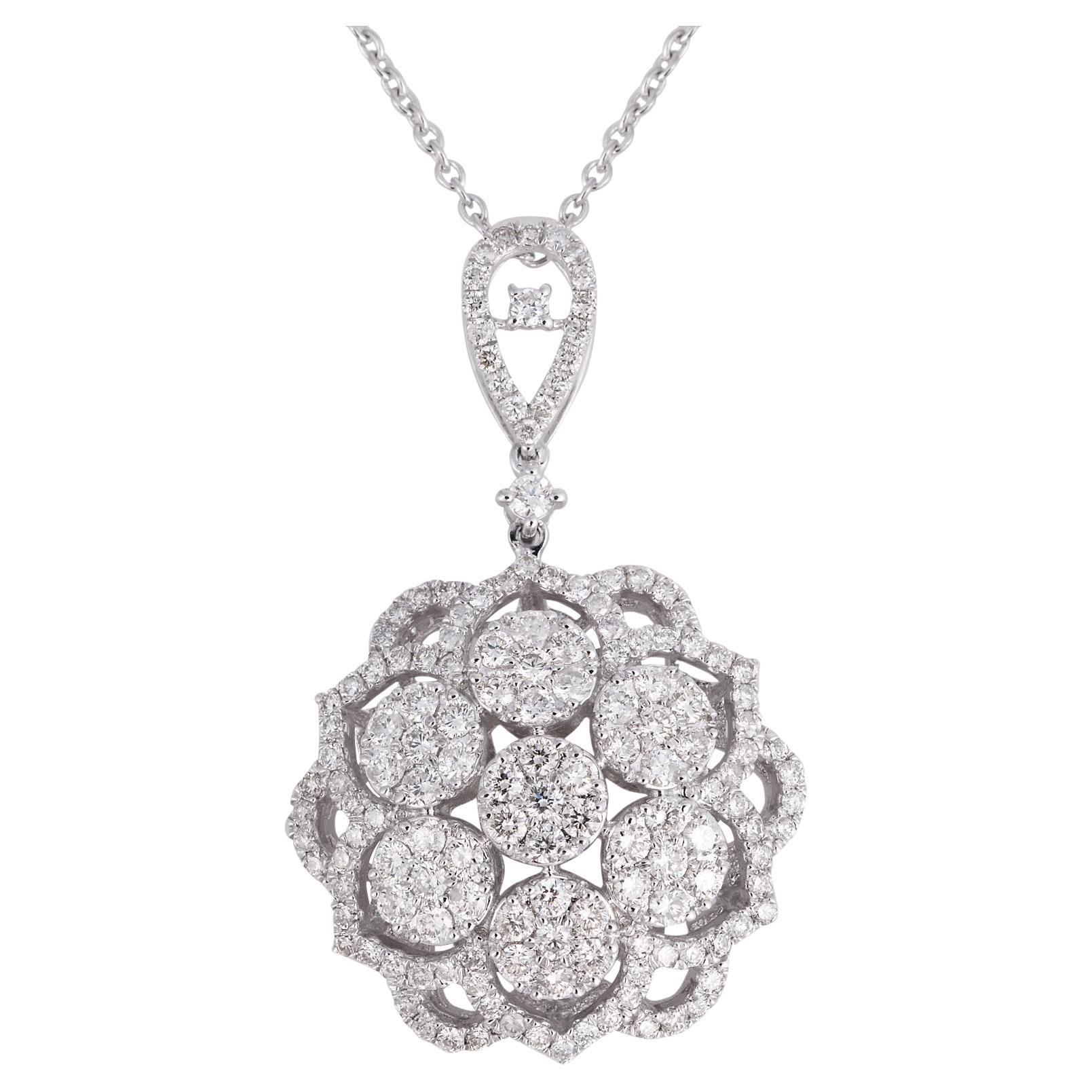 Collier pendentif en or blanc 18 carats à motifs floraux avec diamants pavés de 1,80 carat