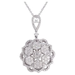 Collier pendentif en or blanc 18 carats à motifs floraux avec diamants pavés de 1,80 carat