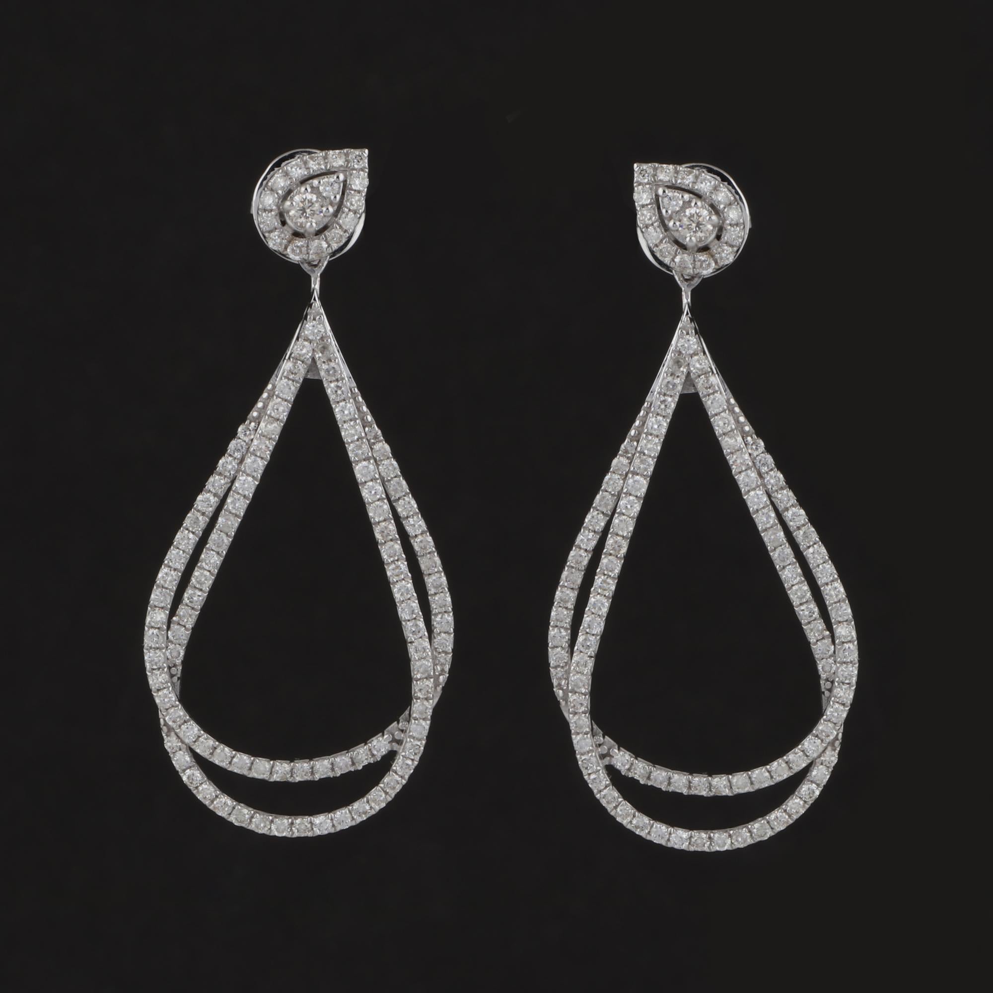 Round Cut Real 1.80 Carat SI Clarity HI Color Diamond Dangle Earrings 14 Karat White Gold For Sale